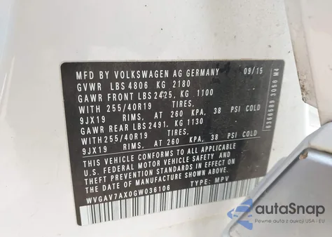 2016 Volkswagen Tiguan R-Line z USA, uszkodzony, nr VIN WVGAV7AX0GW036106